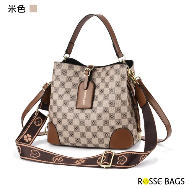 【Rosse Bags】經典歐美系時尚印花格紋撞色肩背手提包(現+預 棕色／米色)