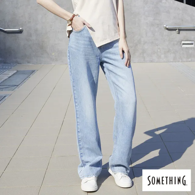 【SOMETHING】女裝 萊賽爾厚磅寬丹寧直筒褲(漂淺藍)