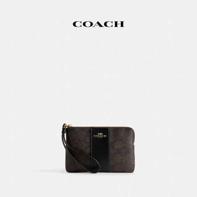 COACH 經典Logo條紋圖案拉鍊手拿包-IM/胡桃木色/黑色(CW854)