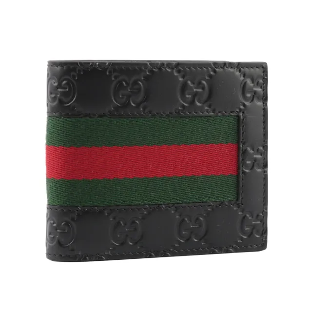 【GUCCI 古馳】經典GG Supreme系列皮革織帶摺疊短夾(黑色)