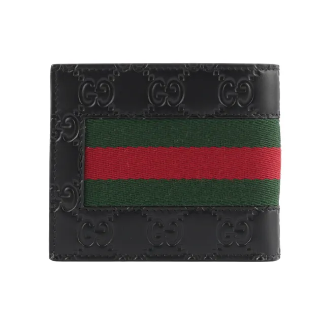 【GUCCI 古馳】經典GG Supreme系列皮革織帶摺疊短夾(黑色)