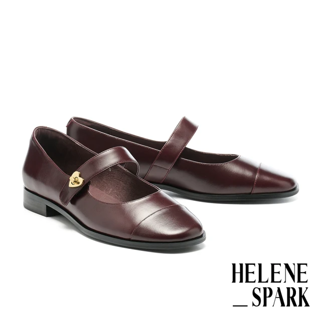 HELENE_SPARK 簡約氣質愛心鎖釦寬帶全真皮瑪莉珍低跟鞋(紅)