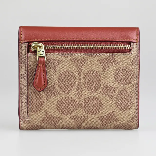 【COACH】COACH黃銅C字LOGO牛皮拼接PVC6卡扣式三折短夾(棕x銹紅)