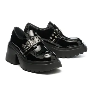 【MISS 21】重金屬少女鉚釘大方釦繫帶高跟大頭厚底鞋(黑)