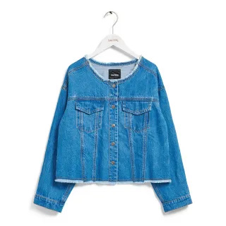 【SOMETHING】女裝 圓領寬版牛仔外套(石洗藍)