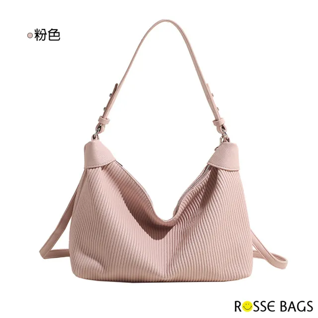 【Rosse Bags】復古新款條紋大容量肩背水桶包(  白色 / 粉色 / 藍色 / 卡其色 / 黑