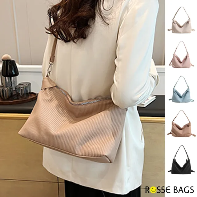 【Rosse Bags】復古新款條紋大容量肩背水桶包( 白色 / 粉色 / 藍色 / 卡其色 / 黑