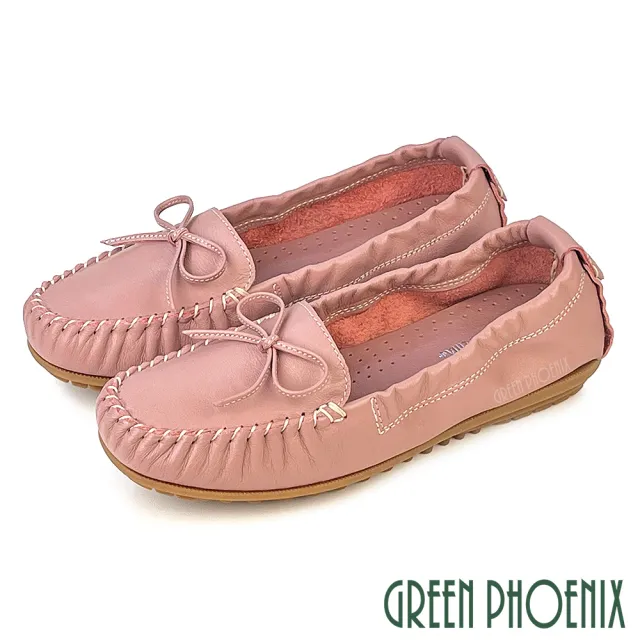 【GREEN PHOENIX 波兒德】女 莫卡辛 豆豆鞋 懶人鞋 休閒鞋 便鞋 全真皮 台灣製(粉紅、棕色)