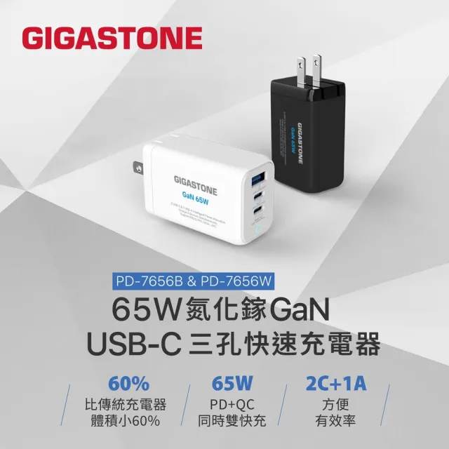 【GIGASTONE 立達】65W GaN氮化鎵三孔USB-C快充充電器PD-7656(支援iPhone16/筆電快充/MacBook充電頭)