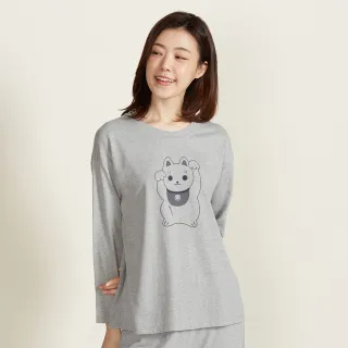 【YVONNE 以旺傢飾】出清品 招財貓網印長袖上衣-迷霧灰