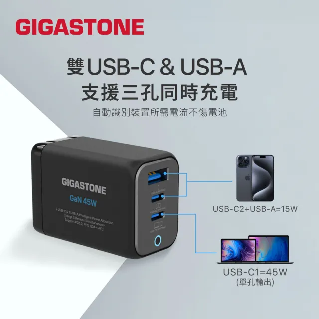 【GIGASTONE 立達】45W GaN氮化鎵三孔USB-C快充充電器PD-7450(支援iPhone16/MacBook筆電快充充電頭)