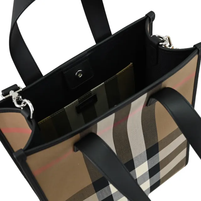 【BURBERRY 巴寶莉】英系經典條紋牛皮拼接手提紙袋造型手提袋兩用包(黑邊)