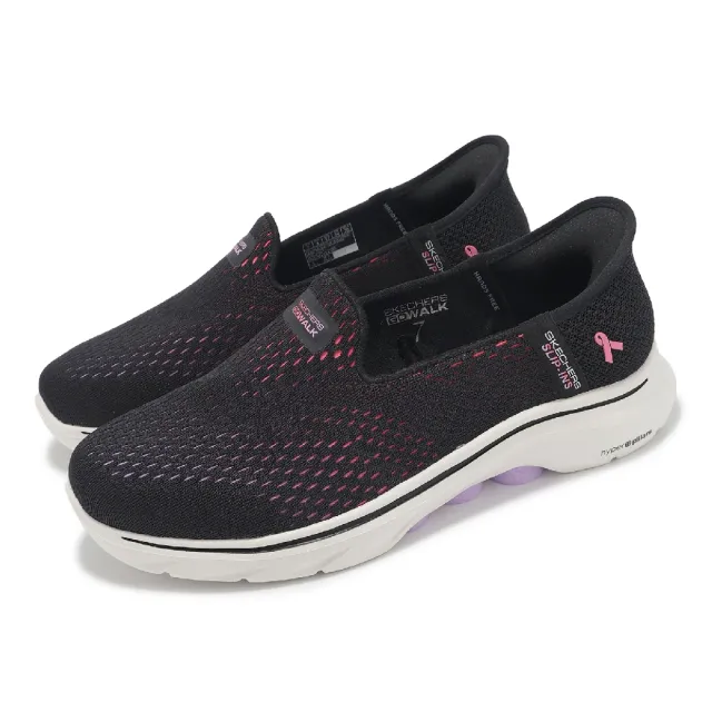 【SKECHERS】休閒鞋 Go Walk 7-Hope Slip-Ins 女鞋 寬楦 黑粉 套入式 粉紅絲帶 健走鞋(125255-WBKMT)