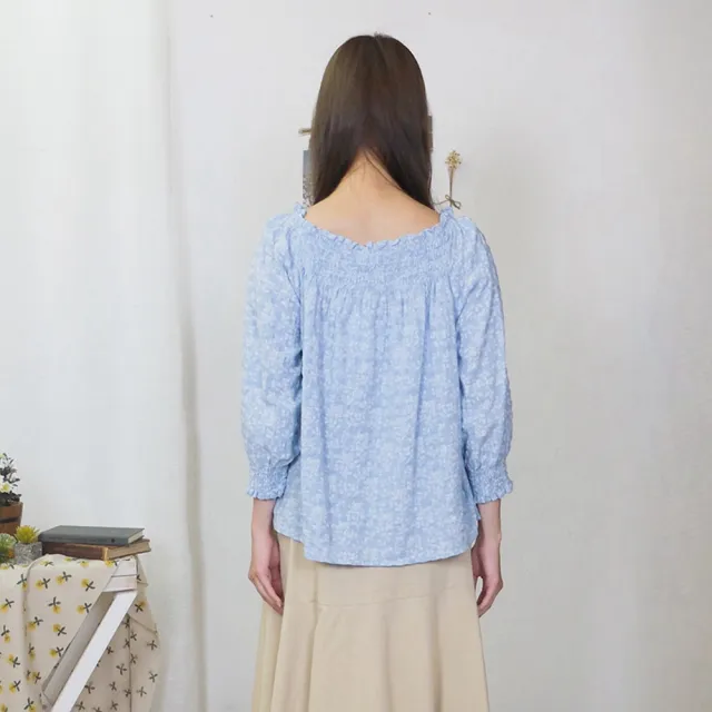 【Hana Mokuba】花木馬日系女裝鬆緊領口七分袖氣質碎花上衣(上衣)
