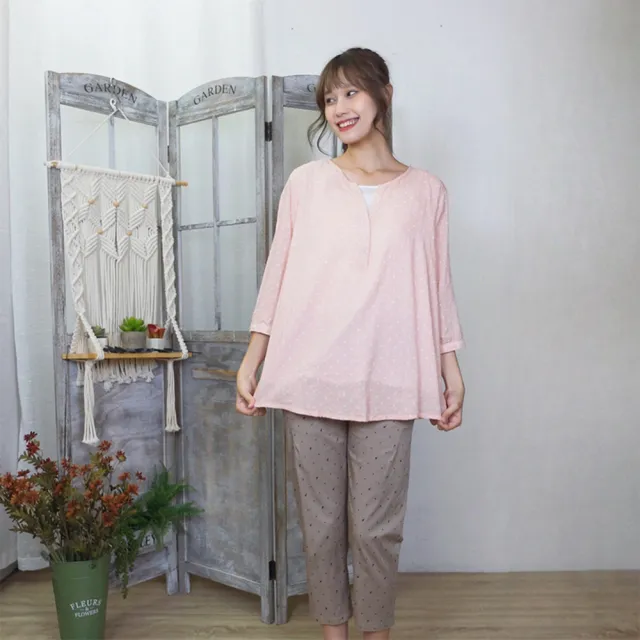 【Hana Mokuba】花木馬日系女裝圓領假兩件七分袖點點上衣(上衣)