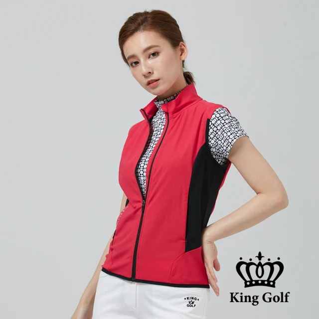 KING GOLF 網路特談-女款刺繡LOGO印圖異色剪接防風薄款立領拉鍊背心外套(粉色)