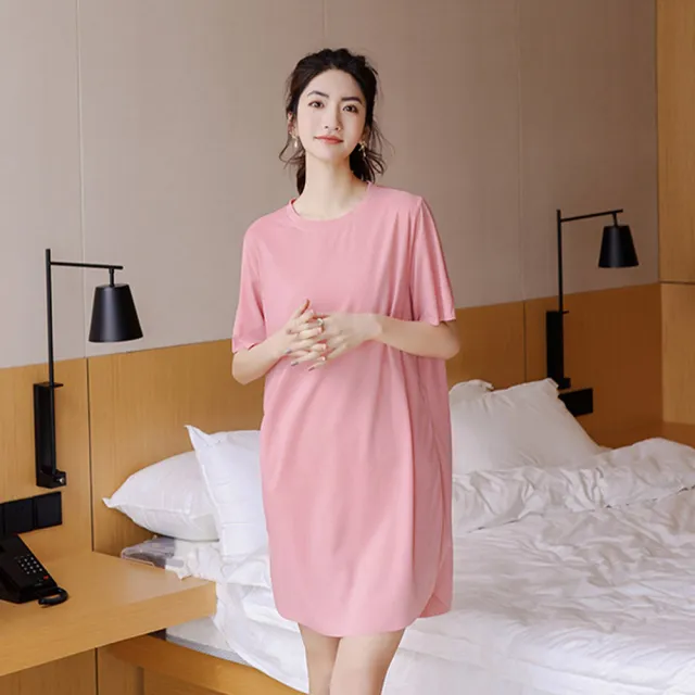 【QIDINA】冰絲涼感寬鬆居家服長裙 (連衣裙 連身裙子睡裙 睡衣女 連身洋裝 長洋裝 涼感衣短袖洋裝)