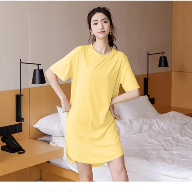 【QIDINA】冰絲涼感寬鬆居家服長裙 (連衣裙 連身裙子睡裙 睡衣女 連身洋裝 長洋裝 涼感衣短袖洋裝)