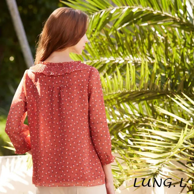 【LUNG.L 林佳樺】LQ29A 橘色印花楊柳布領壓摺A-line女裝上衣(秋冬新品 加大尺碼)