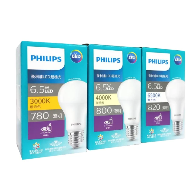 Philips 飛利浦 6入 超極光真彩版 LED 燈泡 6.5W E27 白光 自然光 黃光 球泡燈 全電壓(LED 燈泡)