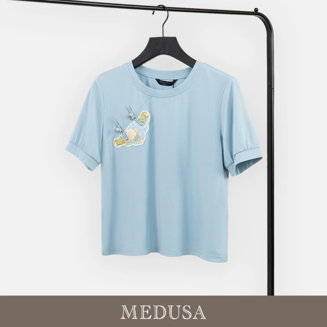 MEDUSA 曼度莎 現貨-新中式水藍盤釦T恤（M-XL）｜女短袖上衣 休閒上衣(301-90701)