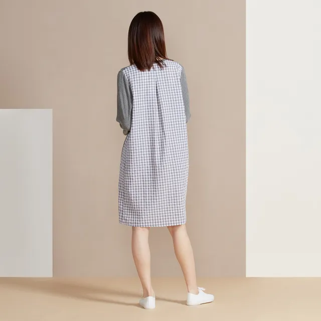 【YVONNE 以旺傢飾】出清品 皺皺提花拼接半開襟長袖洋裝-岩石灰