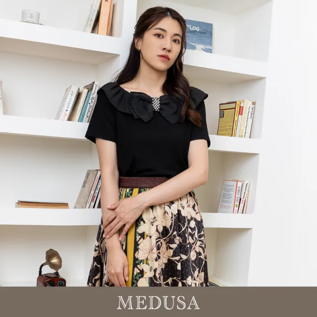 【MEDUSA 曼度莎】現貨-優雅蝴蝶結荷葉領嫘縈上衣（M-XL）｜女短袖上衣 涼感嫘縈(301-1180A)