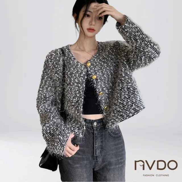 【NVDO】出清品  特降!名媛風輕奢亮絲短版保暖外套(亮絲面料/針織外套/F066/秋冬款/售完不補)