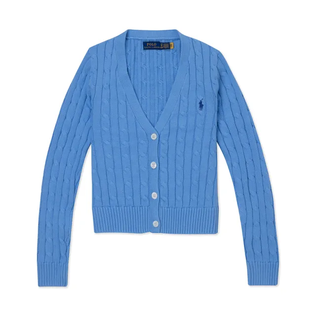 【RALPH LAUREN】RL POLO 經典V領刺繡小馬麻花開襟外套-女-水藍色 上衣(平輸品)