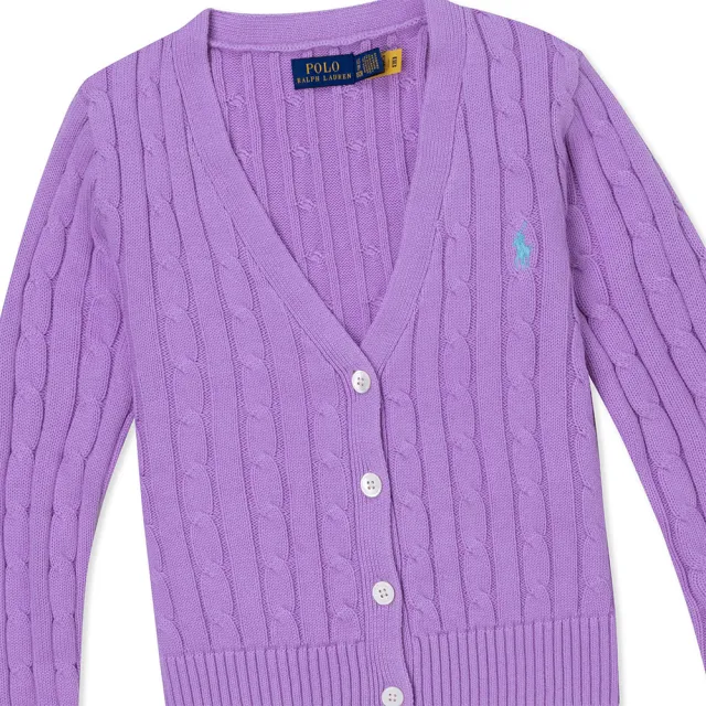 【RALPH LAUREN】RL POLO 經典V領刺繡小馬麻花開襟外套-女-粉紫色 上衣(平輸品)