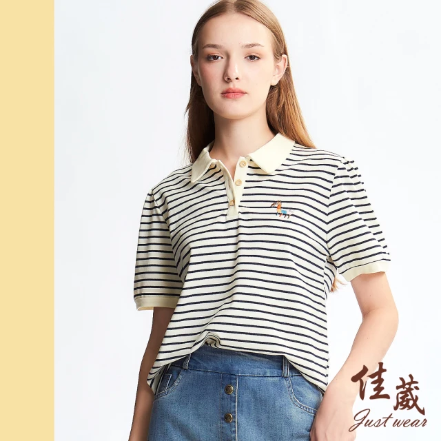 Just Wear 佳葳 簡約撞色棉質POLO衫(女上衣/女上著/翻領/刺繡/印圖/拼接/短袖)