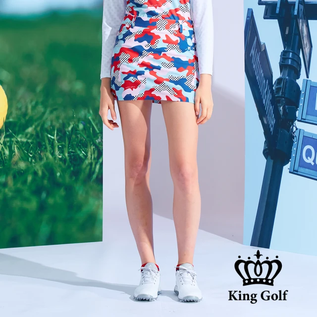 KING GOLF 網路獨家-女款點點迷彩印花薄款高爾夫球運動短裙褲裙(藍色)