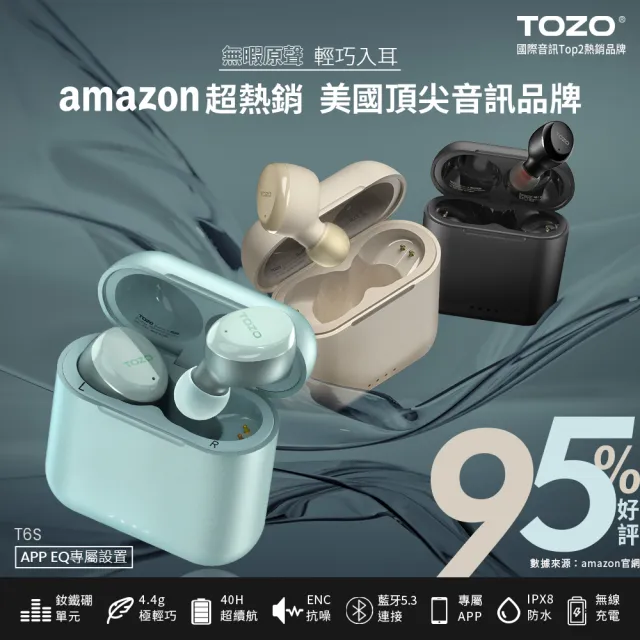 【TOZO】T6S降噪輕巧真無線入耳式藍牙耳機(藍芽5.3/藍芽耳機/專屬APP/無線充電/防水IPX8/原廠公司貨)