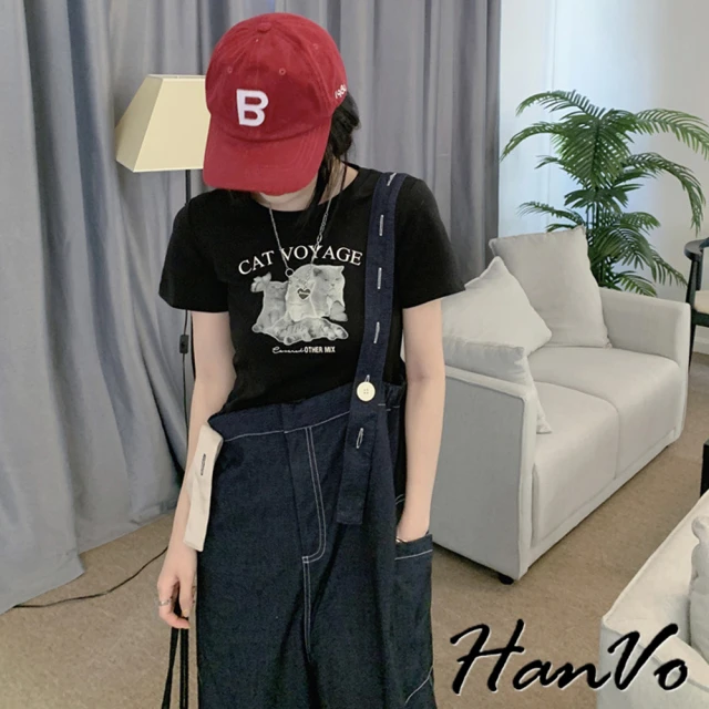 HanVo 現貨 黑白貓咪印花短版T(甜辣休閒簡約短版上衣 韓系女裝 女生衣著 0314)