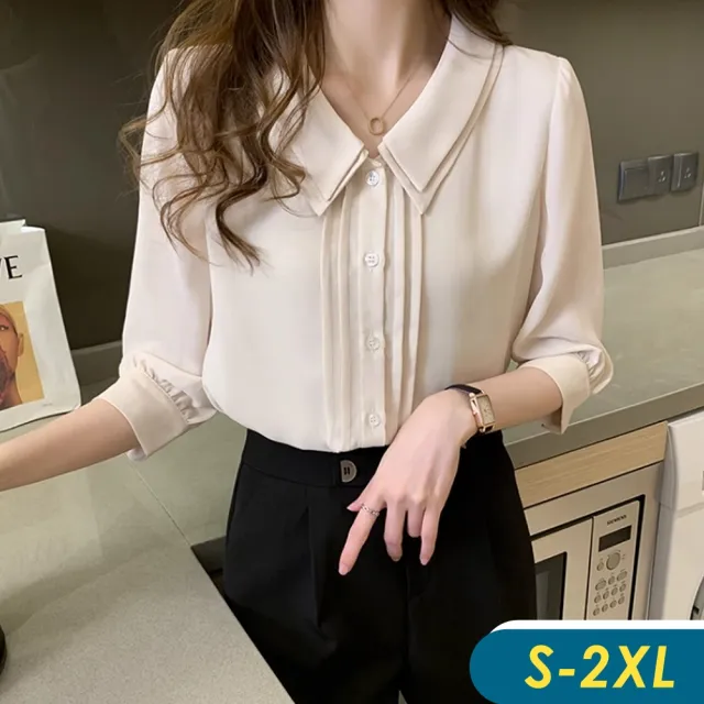 【CHACO】/預購/女 杏色雙層娃娃領俐落半袖襯衫雪紡衫上衣#6975(雪紡 上衣 襯衫 娃娃領 杏色 女 春夏)