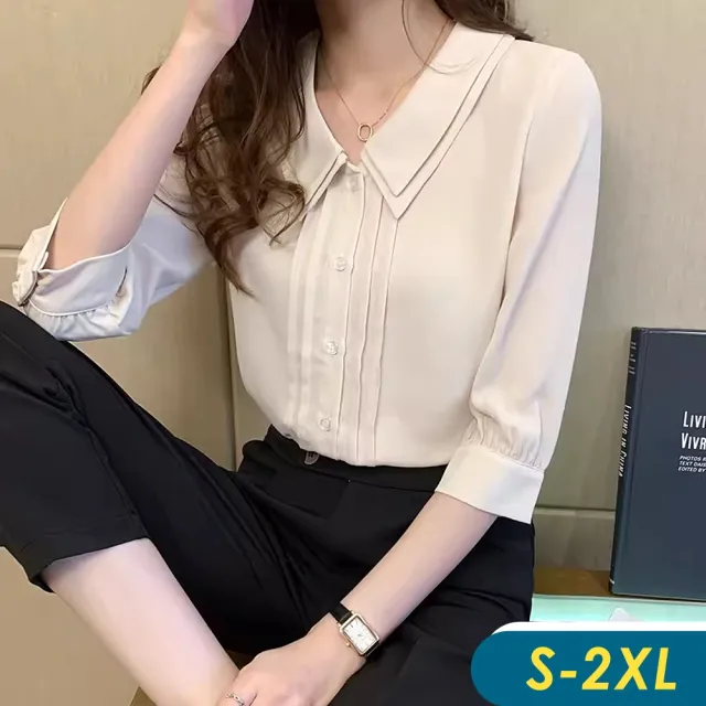 【CHACO】/預購/女 杏色雙層娃娃領俐落半袖襯衫雪紡衫上衣#6975(雪紡 上衣 襯衫 娃娃領 杏色 女 春夏)