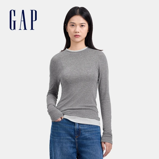 GAP 女裝 假兩件圓領長袖T恤-灰色(637892)