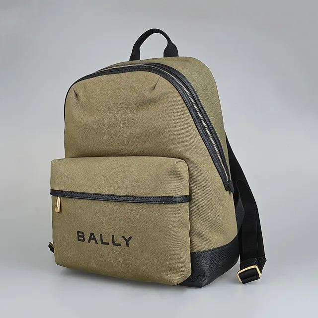 【BALLY】BALLY Bar經典燙印黑字LOGO帆布拼接牛皮拉鍊後背包(卡其綠)