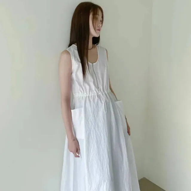【SeasonsBikini】寬肩修身拉鍊長洋裝 黑/白-KK62(拉鍊長洋工裝洋裝抽繩裙)