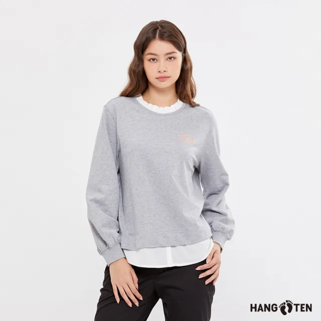 【Hang Ten】女裝-假兩件純棉荷葉領休閑大學T(多色選)