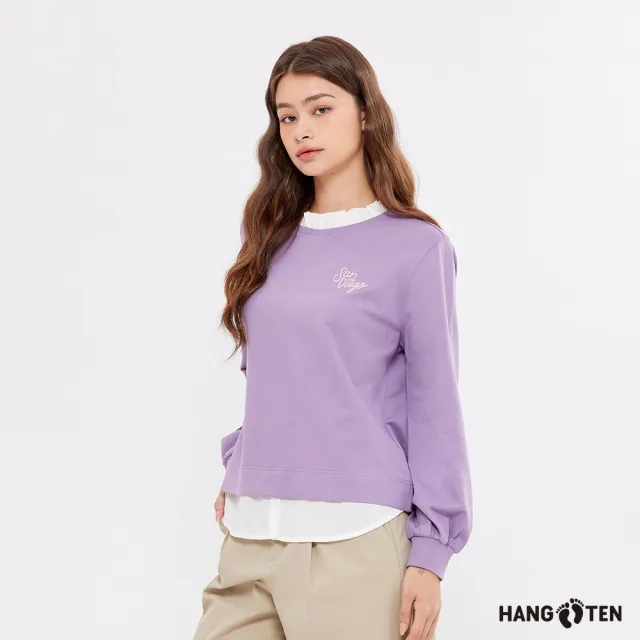 【Hang Ten】女裝-假兩件純棉荷葉領休閑大學T(多色選)