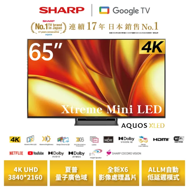 【SHARP 夏普】65型 AQUOS LED 4K Google TV聯網顯示器(4T-C65GU8500X)