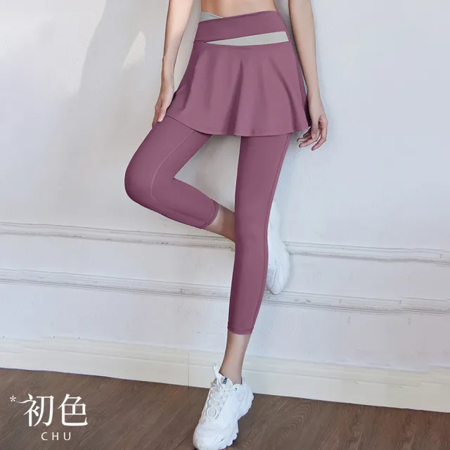 【初色】高腰提臀防走光彈力拼色假兩件九分褲瑜珈運動長褲顯瘦褲-共5色-37484(M-2XL可選)