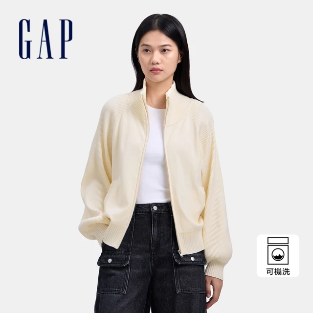 GAP 女裝 Logo刺繡立領針織外套-米色(636492)