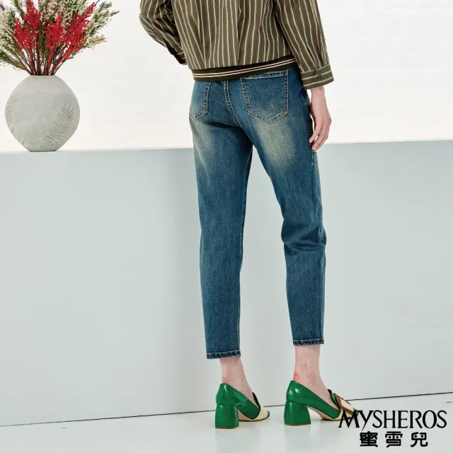 【MYSHEROS 蜜雪兒】高含棉牛仔褲 前釦拉鍊後鬆緊 花卉刺繡珠鑽設計(藍)