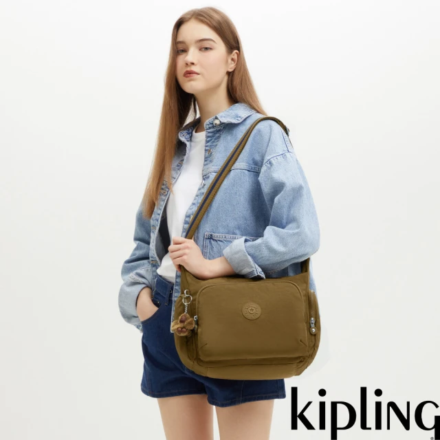 KIPLING官方旗艦館 『牛角包』灰松綠拼接輕巧多袋實用側