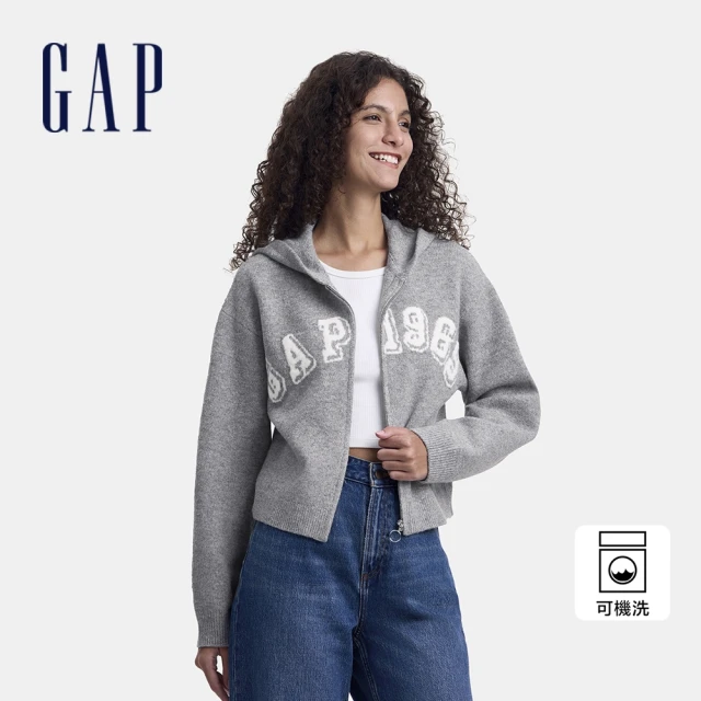 GAP 女裝 Logo刺繡連帽針織外套-灰色(639203)