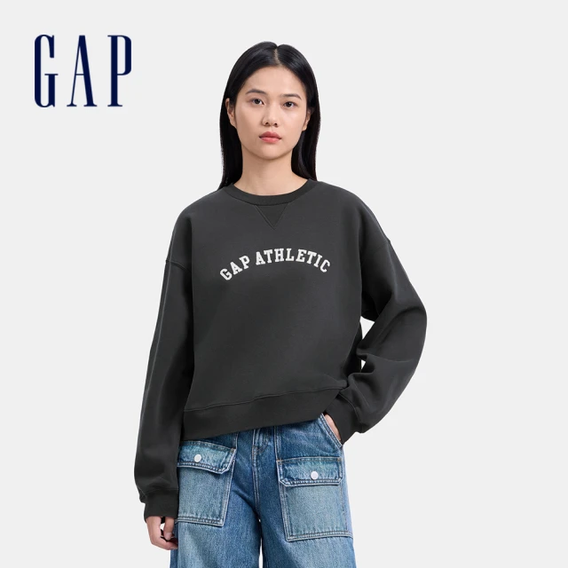 GAP 女裝 Logo刺繡刷毛圓領大學T 碳素軟磨系列-黑色(640898)