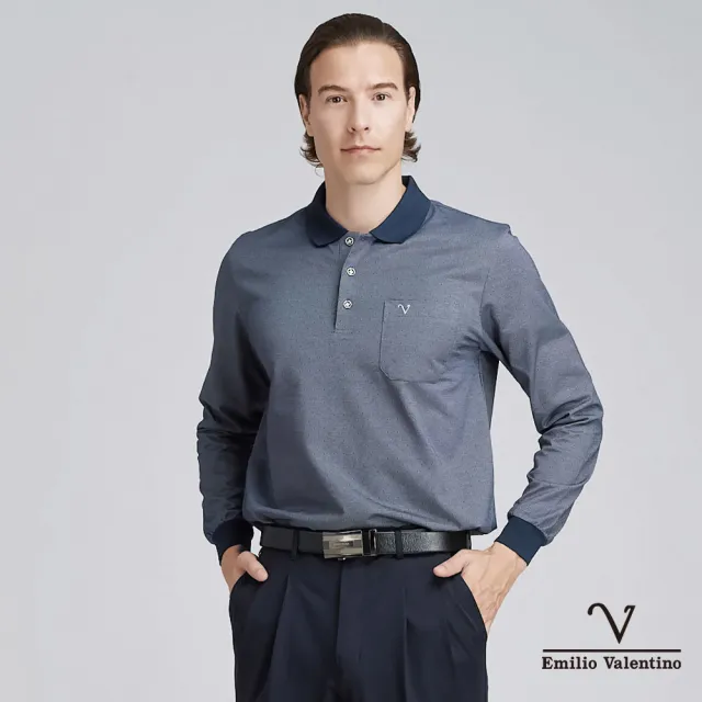 【Emilio Valentino 范倫鐵諾】男 棉質舒適透氣 長袖POLO衫 上衣 鐵灰(21-4V8863)