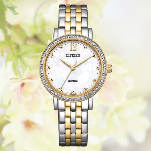 CITIZEN 星辰 LADYS 輕奢水晶鑽 白蝶貝 玫瑰金淑女石英錶(EL3104-54D)